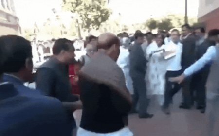 Watch: Rahul Gandhi hands Tiranga to Rajnath Singh during Congress protest on Adani