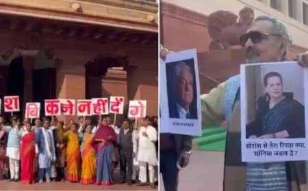 'Sonia-Soros, Adani-Modi': BJP, opposition MPs engage in poster battle outside Parliament; watch video
