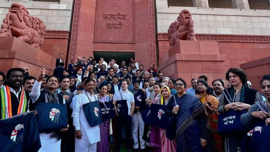 After T shirts and masks, Congress MPs don 'Modi-Adani' bags as Parliament showdown continues