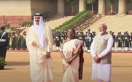 Watch: Qatar Amir Sheikh Tamim Bin Hamad AL Thani receives ceremonial welcome in presence of PM Modi, President Murmu at Rashtrapati Bhavan