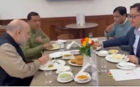 In between heated debates: Amit Shah takes lunch break with BJP MPs at Parliament canteen - video